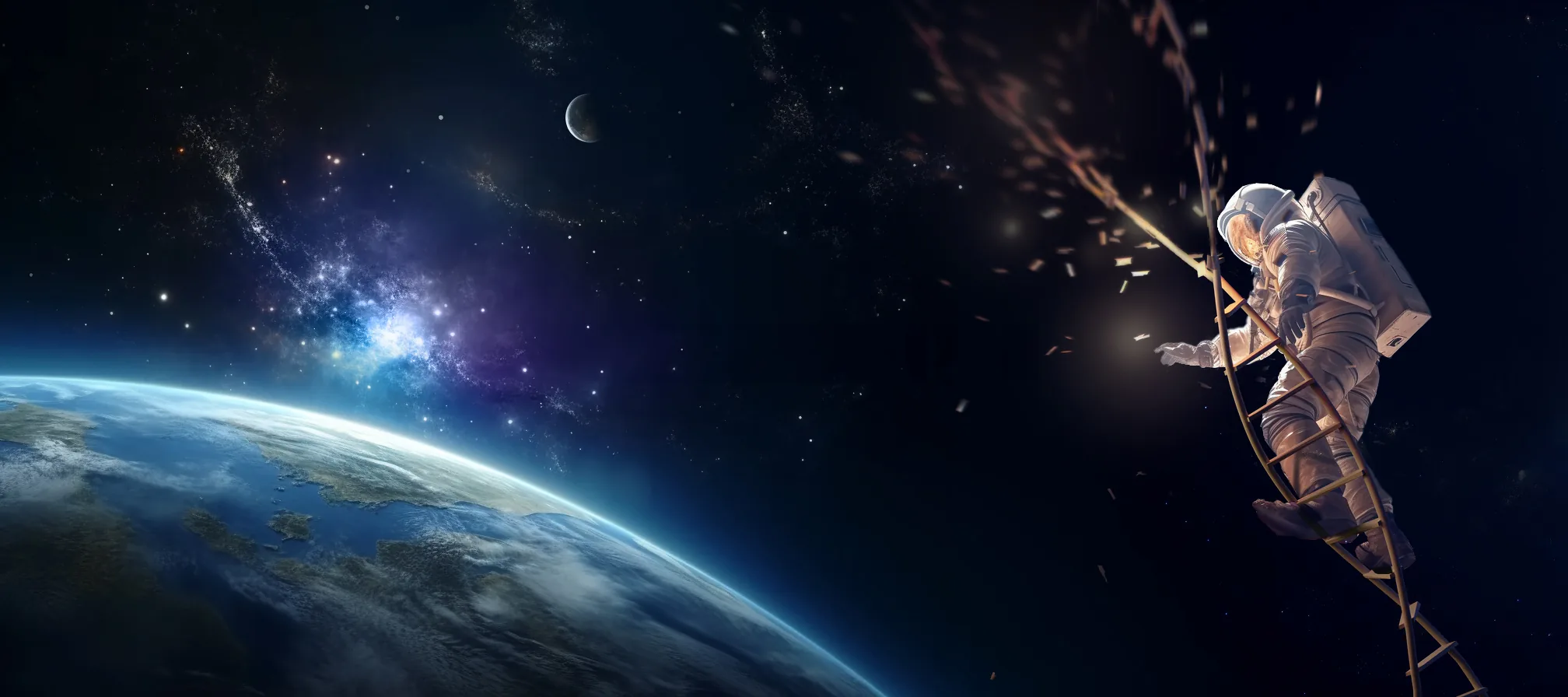 An astronaut climbing a ladder shaped like a DNA double helix, high above Earth
