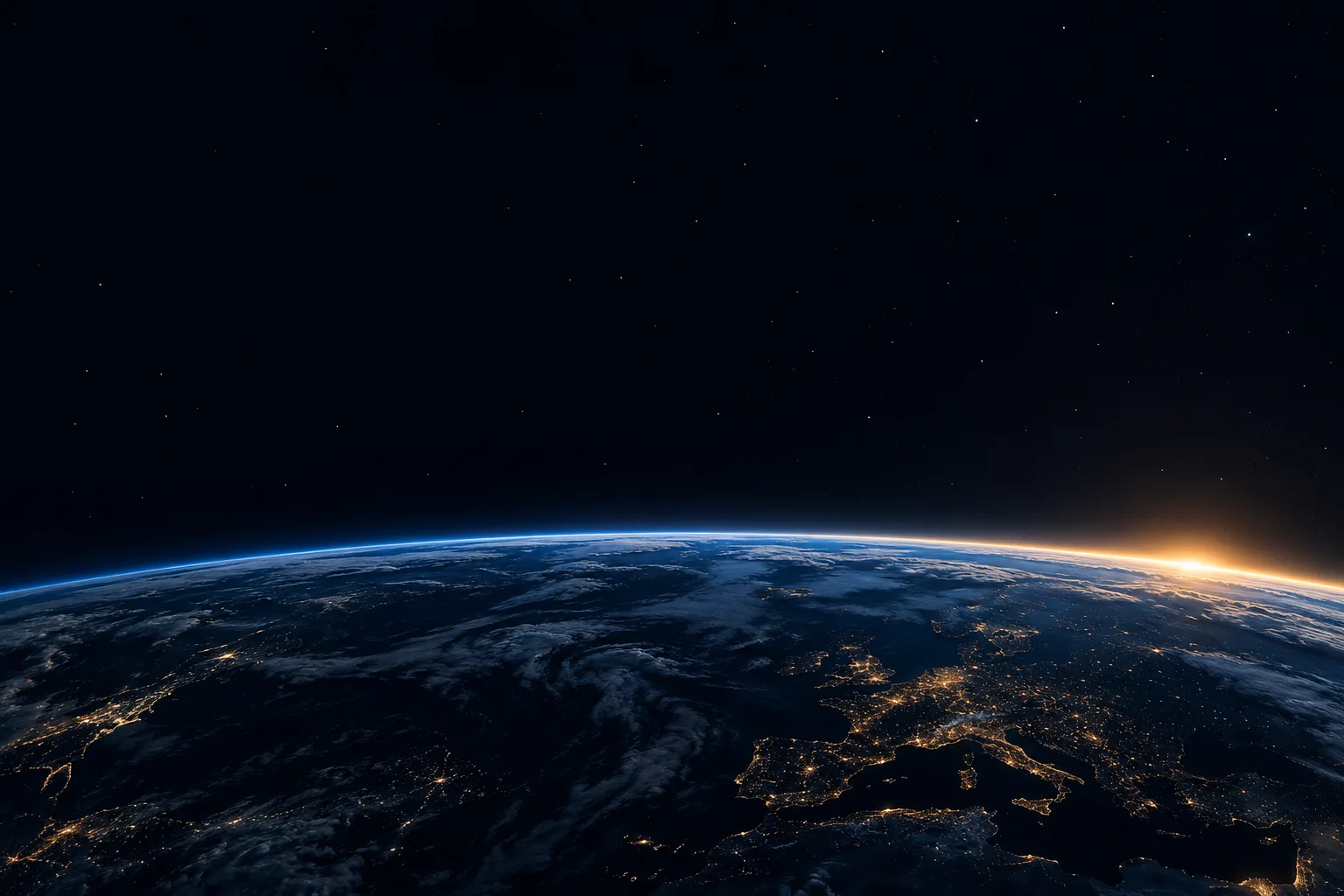 Earth's night side from orbit, city lights below and the sun rising along the edge of the atmosphere